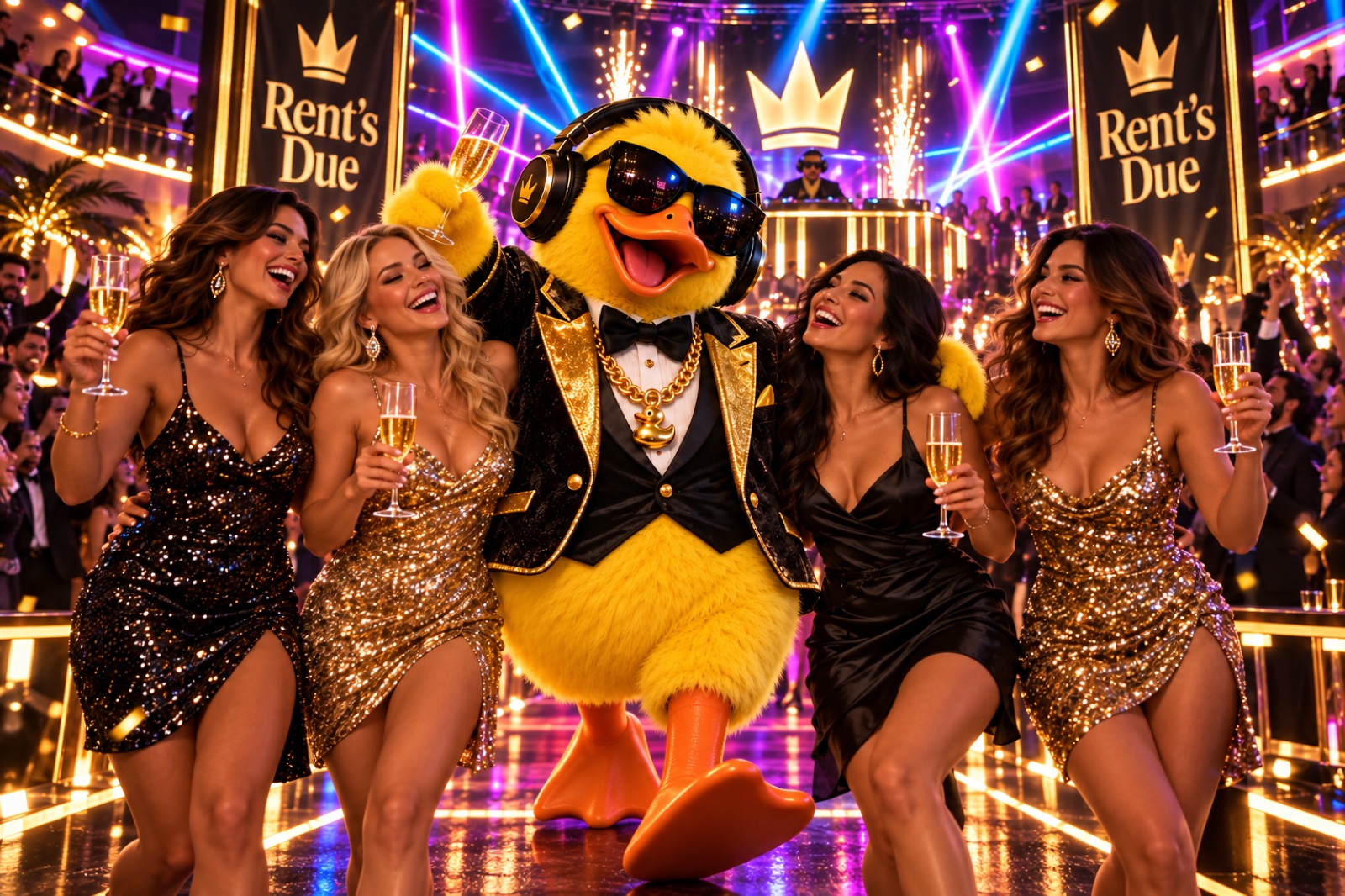 Big Duck charming a glamorous crew, champagne toasts all around, heading for the dance floor