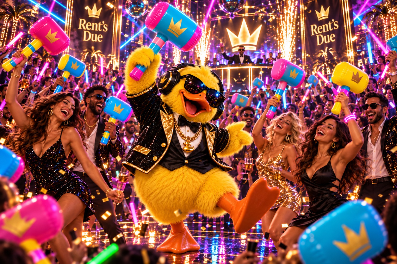 Big Duck and the crew swinging giant inflatable rave hammers, glow sticks flying
