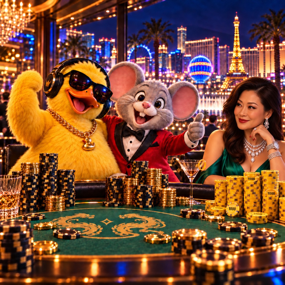 DJ Big Duck and his friend Bernie the mouse celebrating at a Pai Gow table on the Las Vegas Strip, a glamorous high-roller beside them.