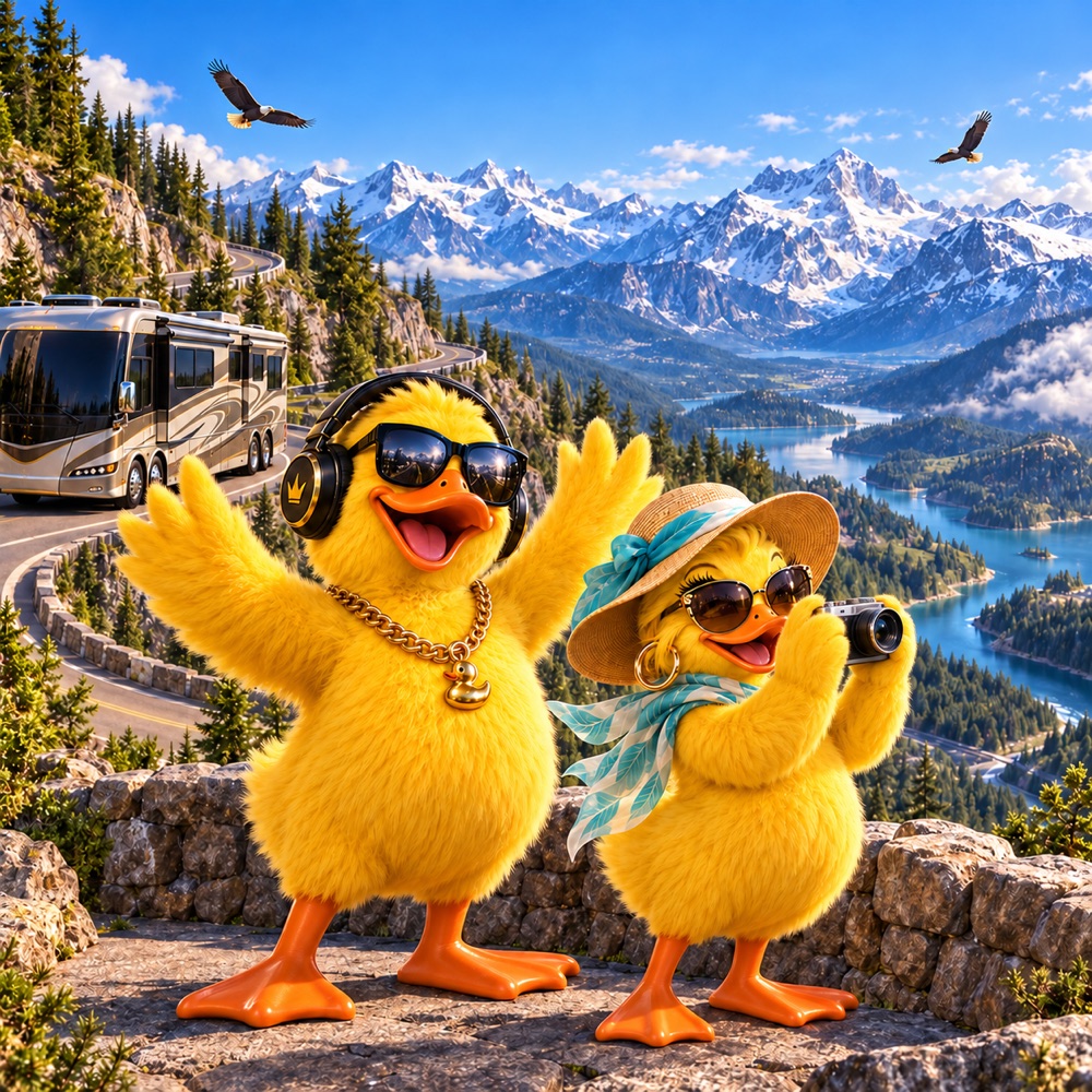 DJ Big Duck taking the RV up a mountain pass with big peaks around