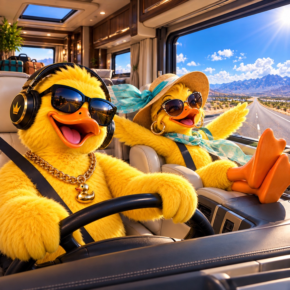 DJ Big Duck cruising the RV down a wide-open daytime highway